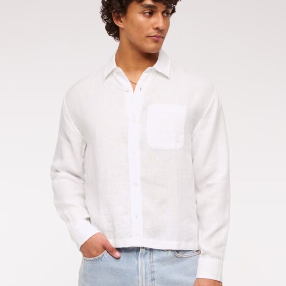 Abercrombie & Fitch Cropped Linen Button-Up Shirt Size M - Picture 3 of 11